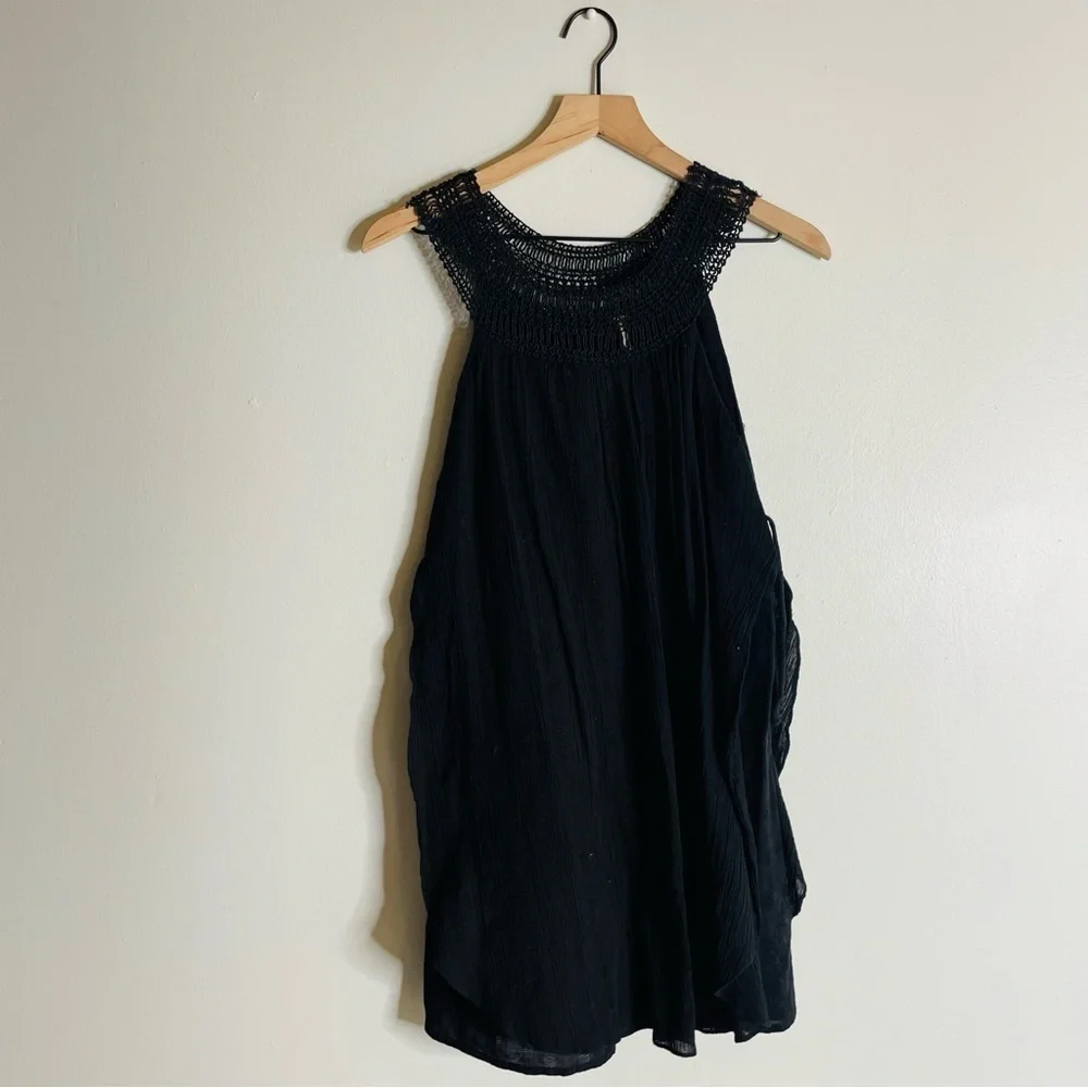 Free People Black Crochet Round Cleopatra Neck Tunic Mini Dress Coverup